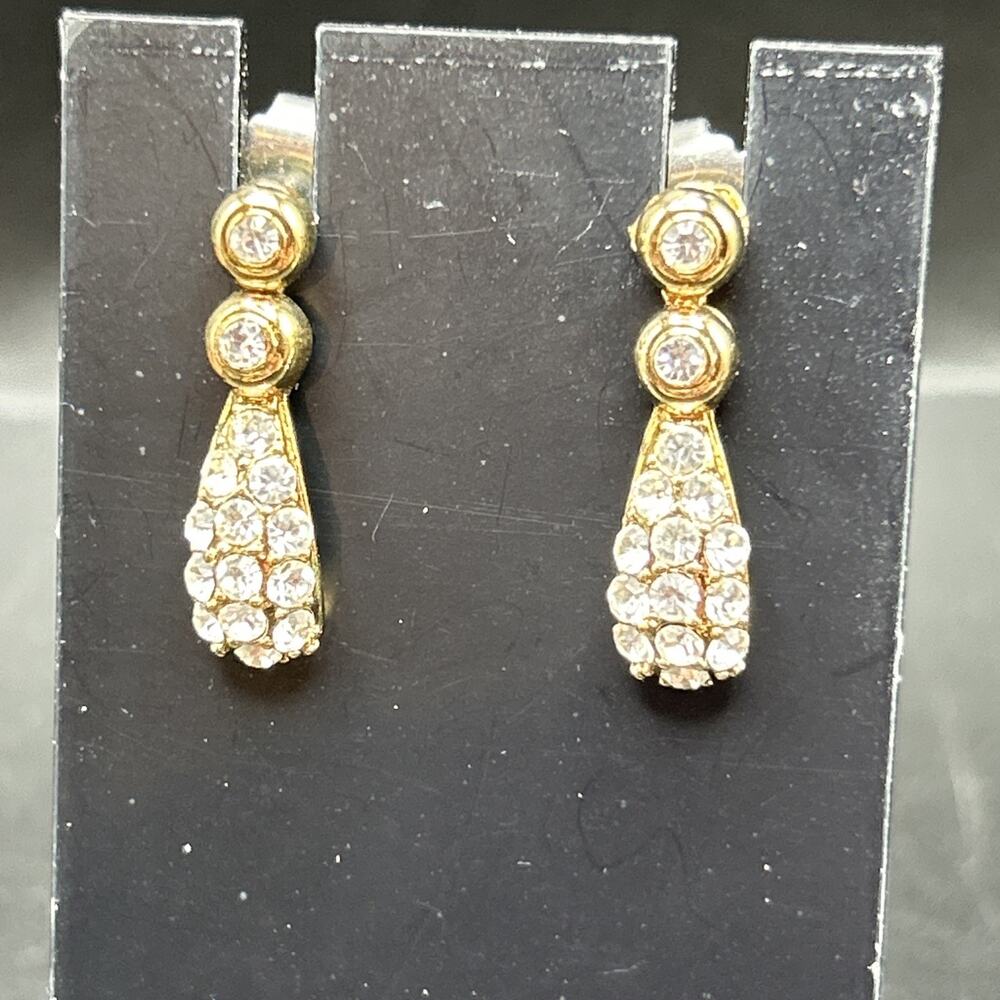 Ellen Kiam Gold Tone And Rhinestone Earrings Pierced Stud 1” Drop Party Sparkle
